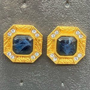 Pierced Earrings Gold Octagon Blue Marbled Rhinestone Textured Faceted Retro